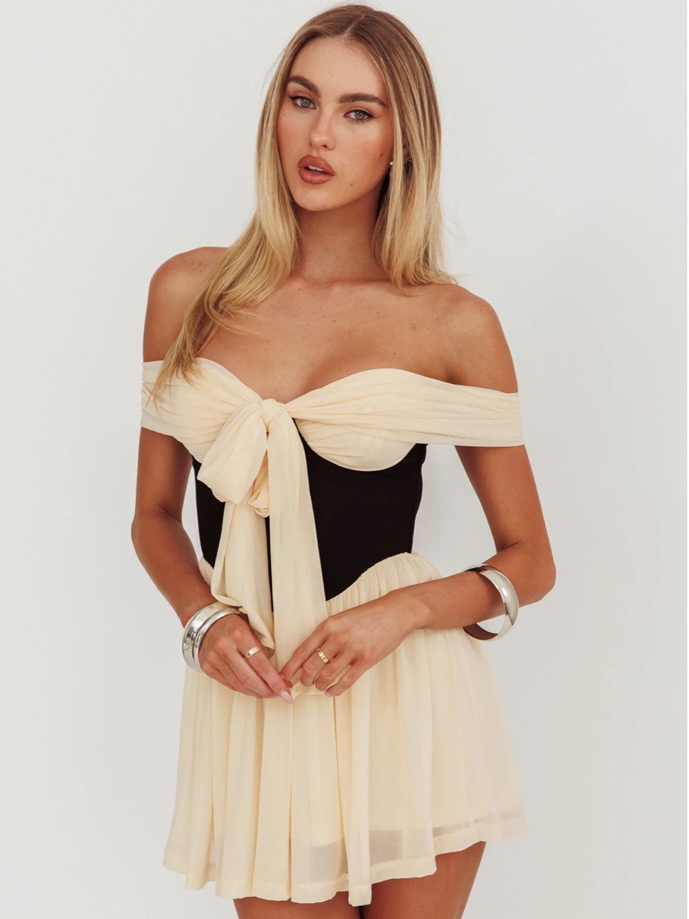 Selfie Leslie Ivory and Black Off Shoulder Romper - SOLD OUT